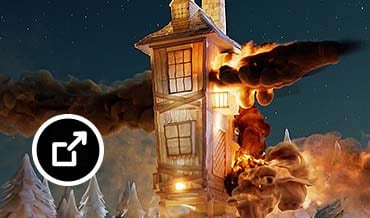 Building catching fire in a forest, created in Bifrost