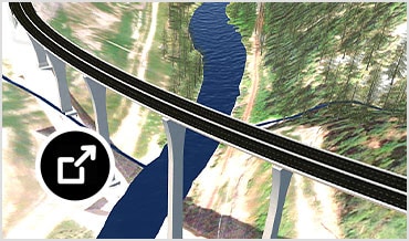 Model detail showing an elevated road section that runs over a river through mountainous terrain