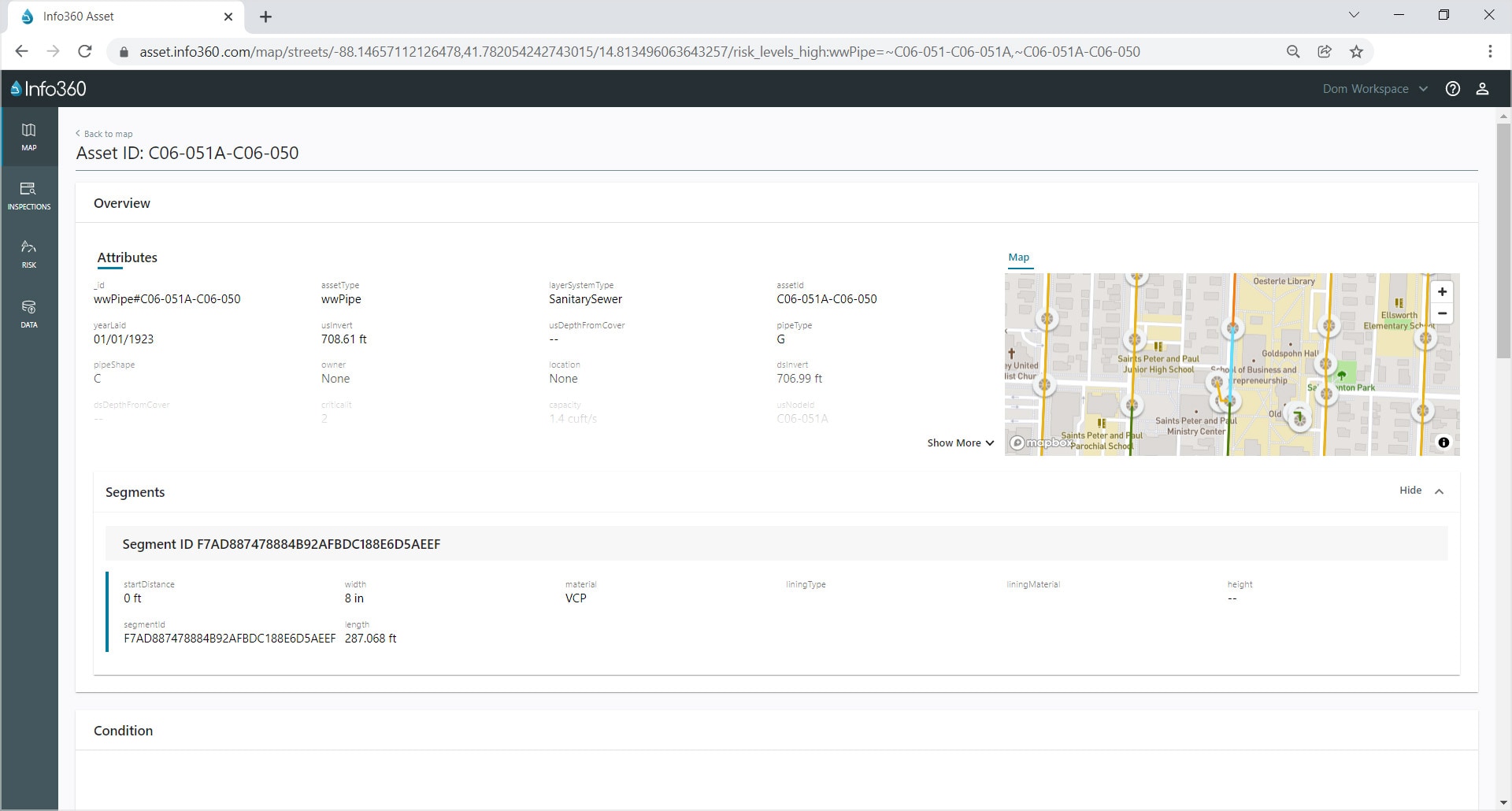 View of an individual asset’s attributes and condition, with map location of the asset 