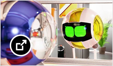 Two round robot characters look at each other through a window